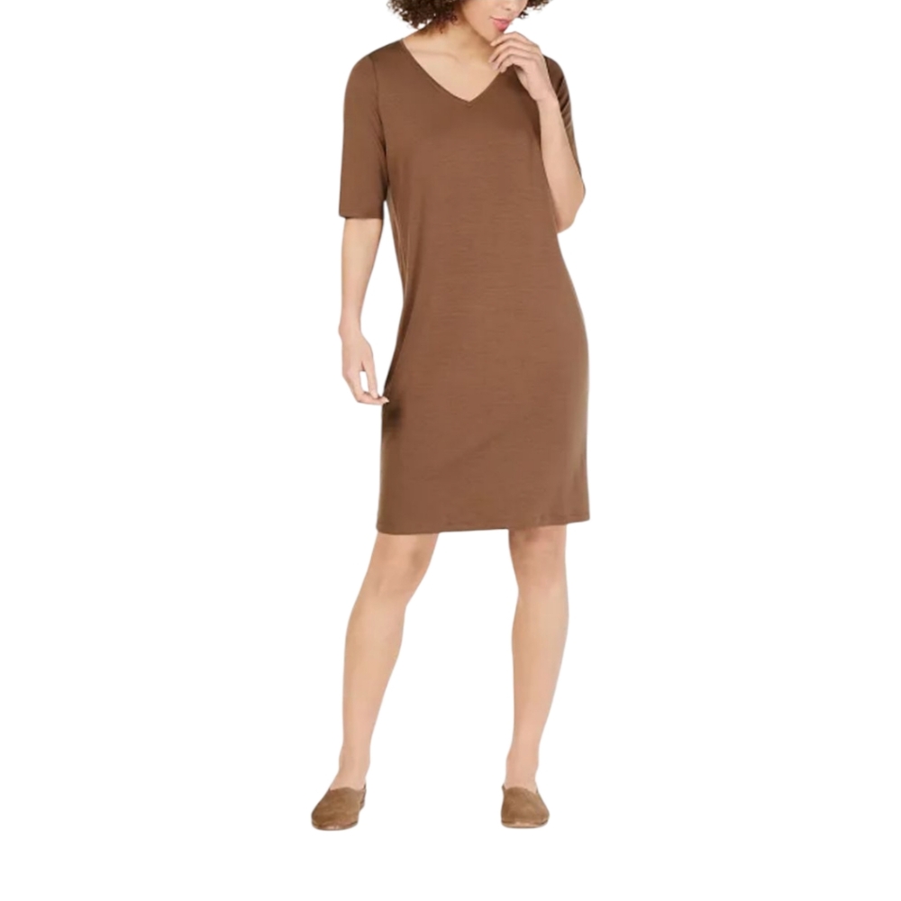 Eileen Fisher V-Neck Tencel Jersey Dress Brown M– Oversized Fit, Great Condit